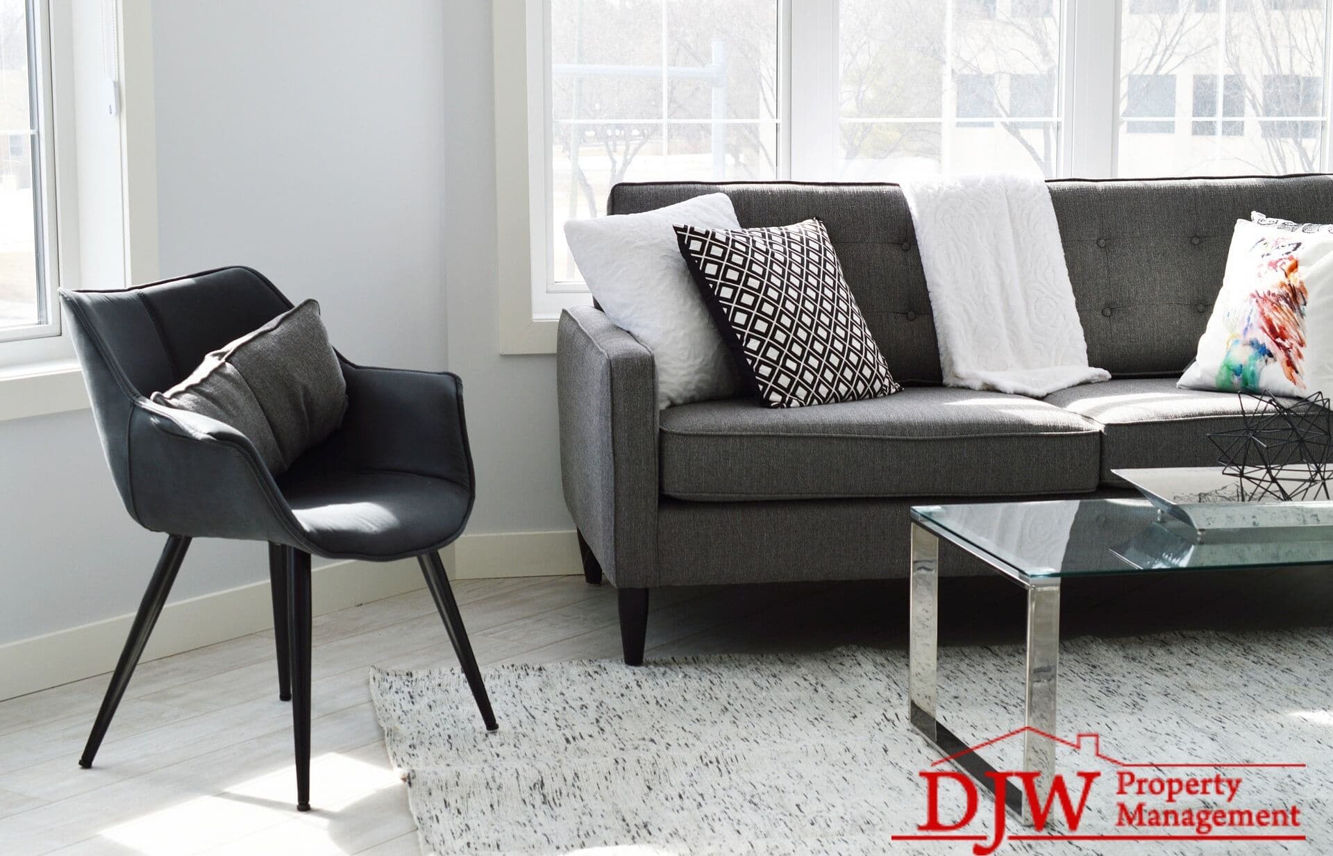 View of a living room with several windows; a black chair with a pillow is on the left side of the image; a grey sofa sits in the background, with pillows and a blanket draped over it. A glass coffee table is in the right foreground.