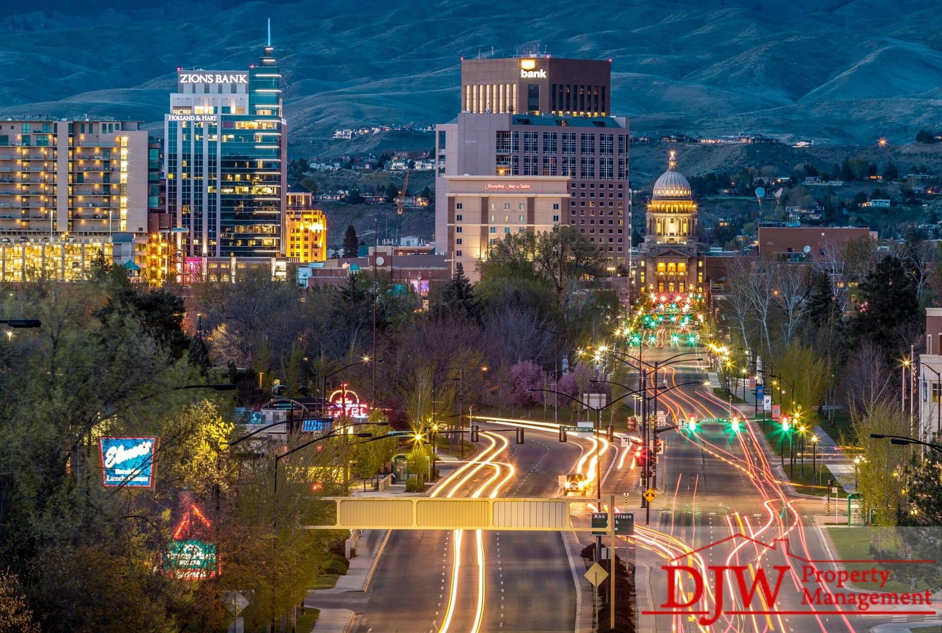 An evening view of downtown Boise, Idaho.