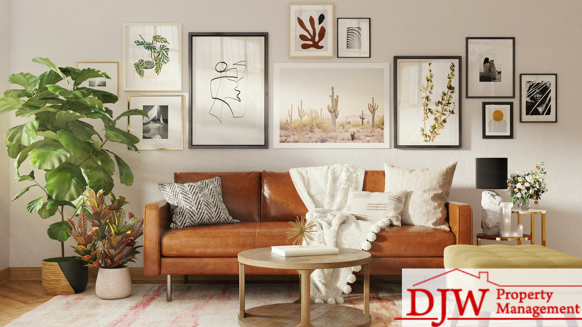 A living room with multiple photos, plants, pillows, and a brown leather couch.
